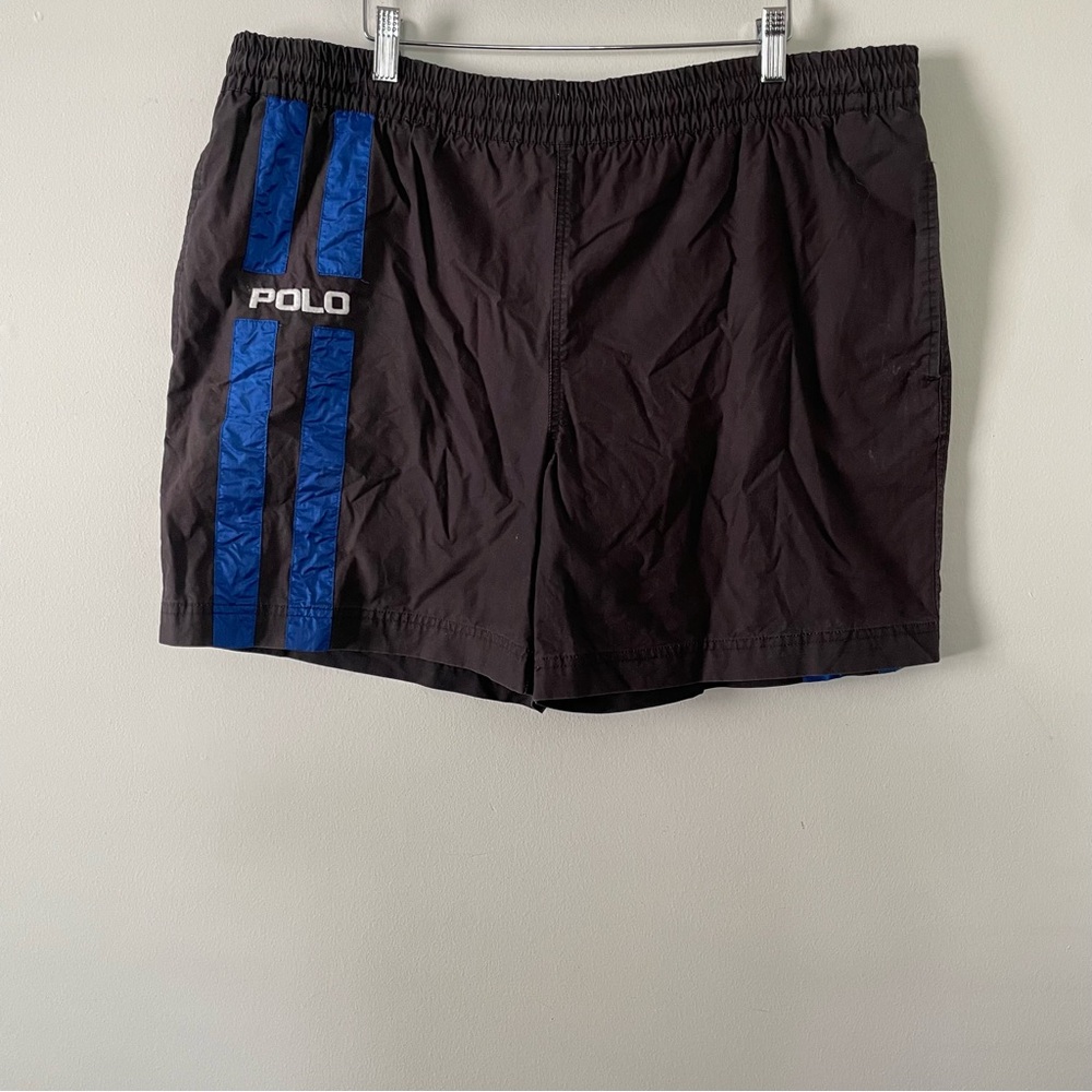 Vintage 90s Polo Sport Ralph Lauren Black Blue Stripe Swim Trunks Size Large